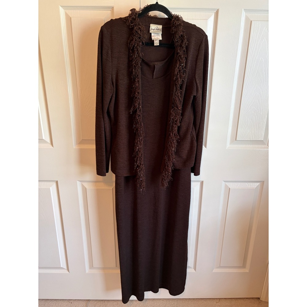 Joseph Ribkoff Brown Maxi Dress and Fringe Sequin Jacket Set Size 12 001239